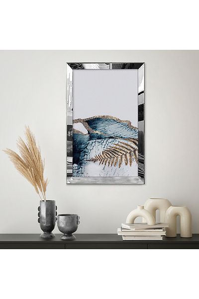 Zevahir Mobilya Dekorasyon Rama din plexiglas cu oglinda argintie, alb, albastru, modelat cu aur, desen cu iarbă de salamanderă, pictură abstractă unică MDF