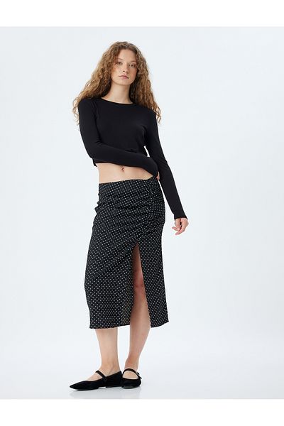 Koton High Waist Draped Midi Polka Dot Skirt - Slit Slim Fit