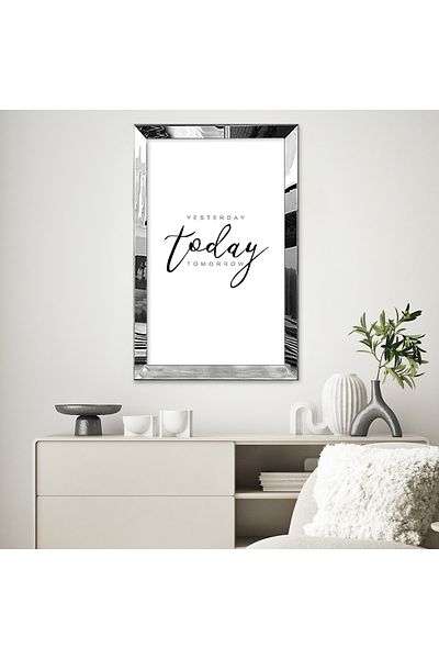 Zevahir Mobilya Dekorasyon Pictură MDF unică cu desen abstract scris alb negru modern cu cadru din plexiglas cu oglindă argintie