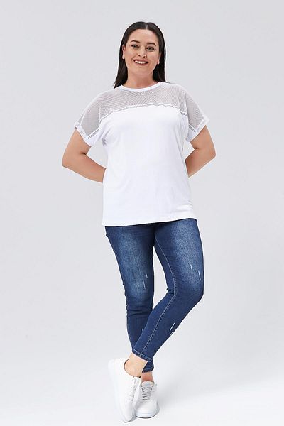 Ebsumu Λευκή Μπλούζα Plus Size - Διχτυωτή Λεπτομέρεια