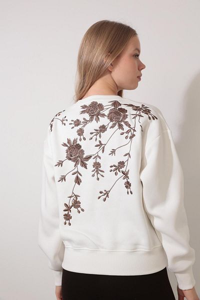 AMİDA Crew Neck Ecru Sweatshirt - Rose Embroidered Back, Model 2432
