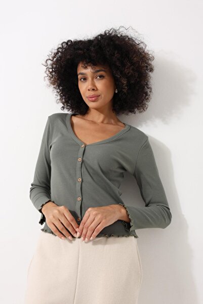 AMİDA بلوزة نسائية بأكمام طويلة ورقبة على شكل حرف V باللون الأخضر - 2444