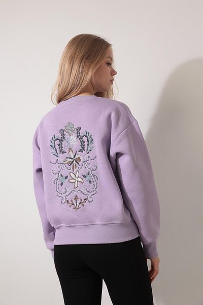 AMİDA Ethnic Flower Embroidered Lilac Sweatshirt - Crew Neck - 2438