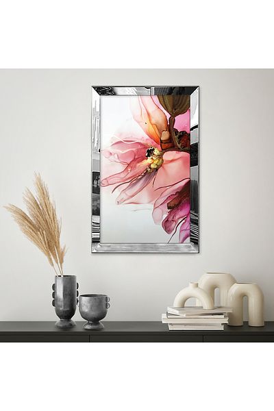 Zevahir Mobilya Dekorasyon Rama din plexiglas cu oglinda argintie, modern, roz, model de flori rosii, desen abstract, pictura MDF unică