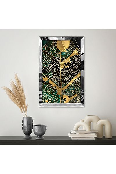 Zevahir Mobilya Dekorasyon Tablou MDF cu desen abstract, cu cadru din plexiglas cu oglindă argintie, minimalist, negru, galben auriu