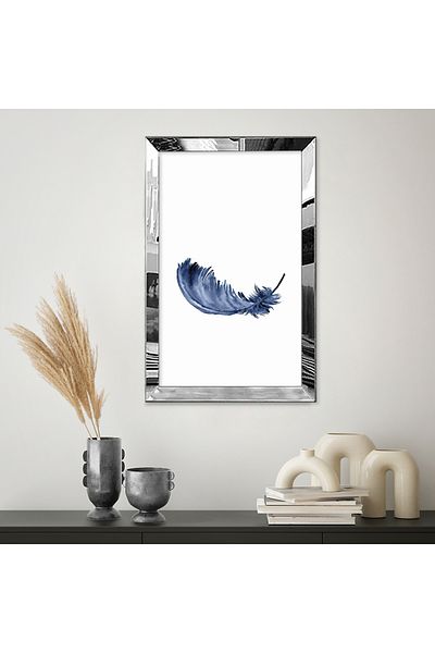 Zevahir Mobilya Dekorasyon Colaj cu cadru din plexiglas cu oglindă argintie, alb, albastru, pene de pasăre, desen abstract, pictură unică MDF