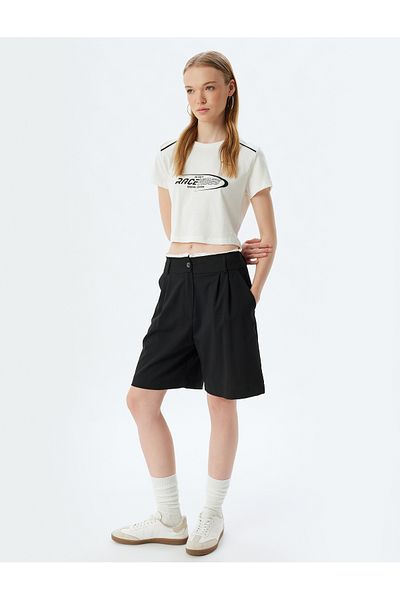 Koton Crew Neck Cotton Crop T-Shirt - Slogan Printed, Short Sleeve