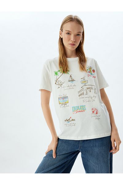 Koton Summer Cotton Oversize T-Shirt - Crew Neck, Printed