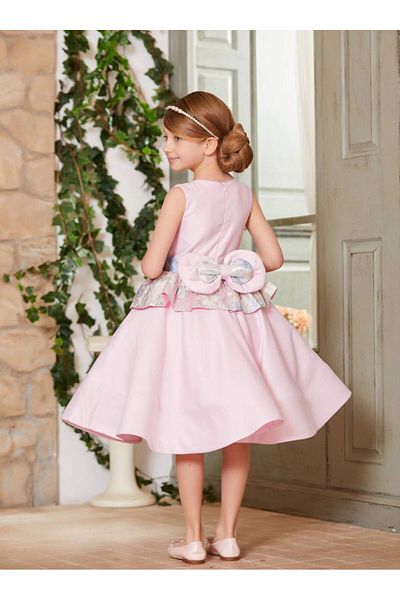 PİXİNADELUXE Pink Jacquard Fabric Detailed Girl's Evening Dress with Bow and Crown Accessories