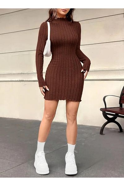 MEGOMEL Γυναικείο Stand Collar Trend Κοτλέ φόρεμα Lycra Βαμβακερό εποχιακό και χειμώνα