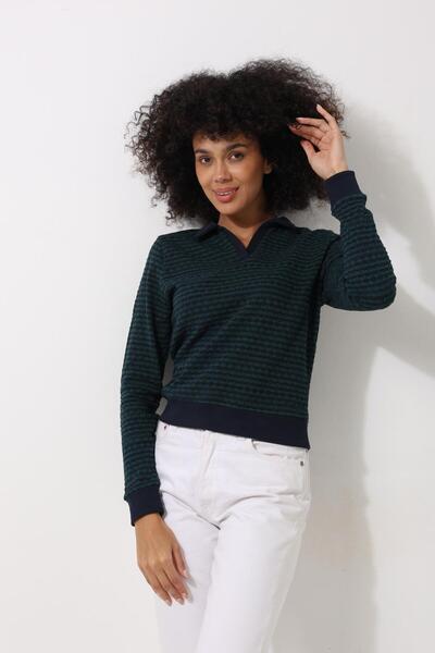 AMİDA Зелена жакардова в'язана блуза з поло-коміром і довгими рукавами для жі...