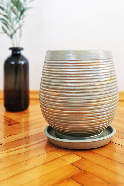 patili hayat Çömlek Saksı Şerit Desenli Saksı Armut Model Mavi Gold Orta Boy ...