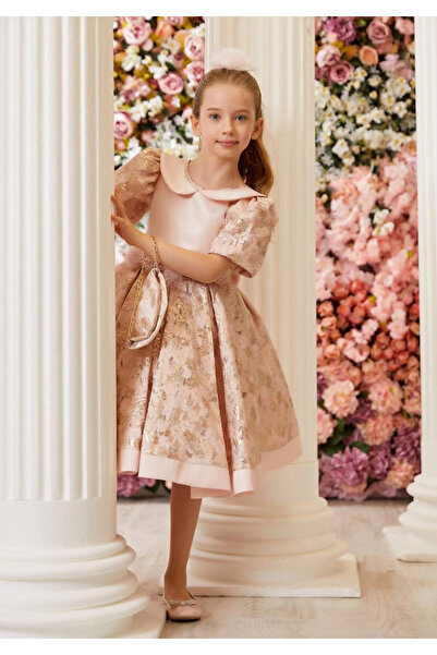 PİXİNADELUXE Gold Front Flower Detailed Jacquard Fabric Girl's Evening Dress ...