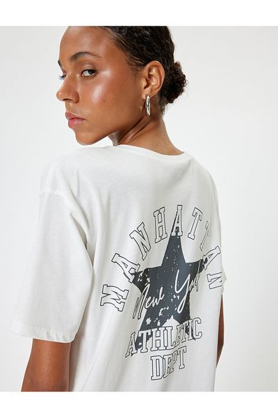 Koton Cotton Oversize T-Shirt - Crew Neck, Back Printed, Short Sleeve