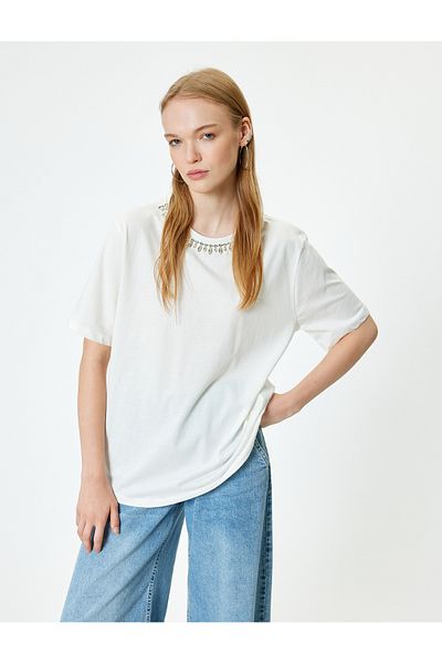 Koton Cotton Short Sleeve T-Shirt - Crew Neck and Stone Detail