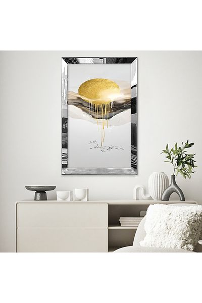Zevahir Mobilya Dekorasyon Tablou MDF cu desen abstract alb bej galben auriu cu cadru din plexiglas cu oglindă argintie