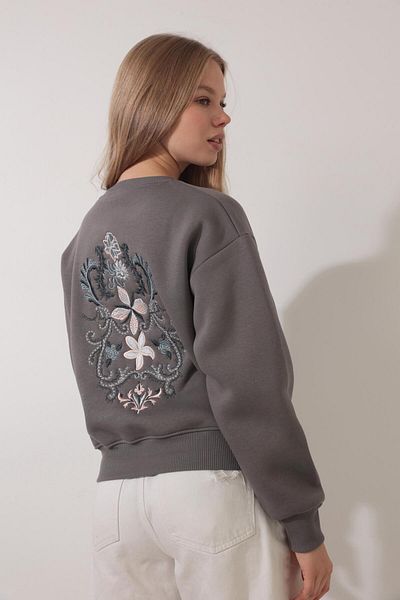 AMİDA Crew Neck Embroidered Sweatshirt - Anthracite, Ethnic Flower Pattern - 2438