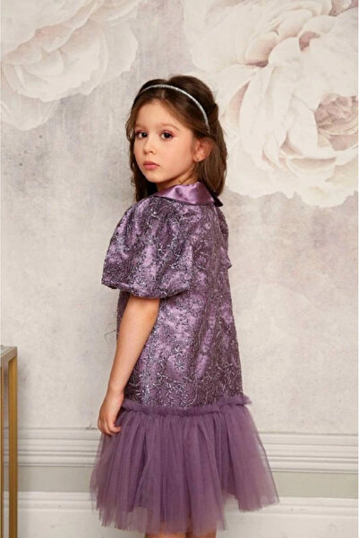 PİXİNADELUXE Yaka Taşlı Düğme Detaylı Payetli Güpürlü Çocuk Elbise