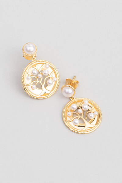 So CHIC... Hayat Ağacı 18 Ayar Sarı Altın Kaplama Gümüş İnci Küpe