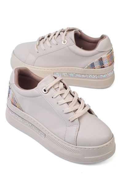 ShoeTek Beige Olala Women's Sneakers - Lace-Up and Back Patterned Sports Shoes
