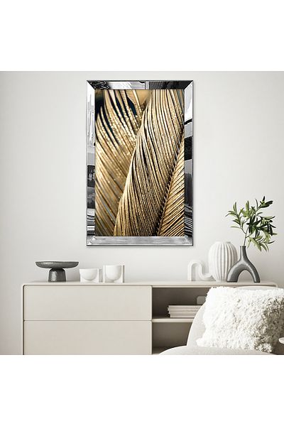 Zevahir Mobilya Dekorasyon Pictură MDF cu desen abstract cu model de palmier, negru, auriu, cu cadru din plexiglas cu oglindă argintie