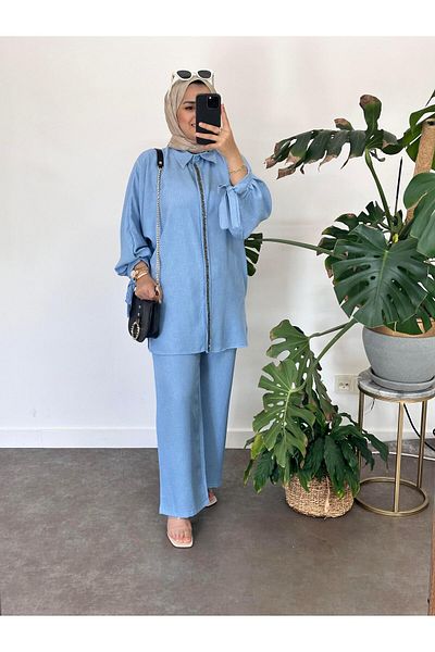 ASEL FASHİON Light Blue Beaded Cotton and Linen Set