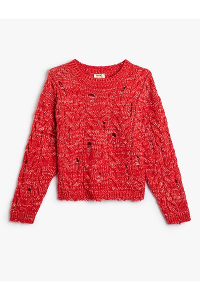 Koton Openwork Nine-Piece Round Neck Crop Sweater - Long Sleeve