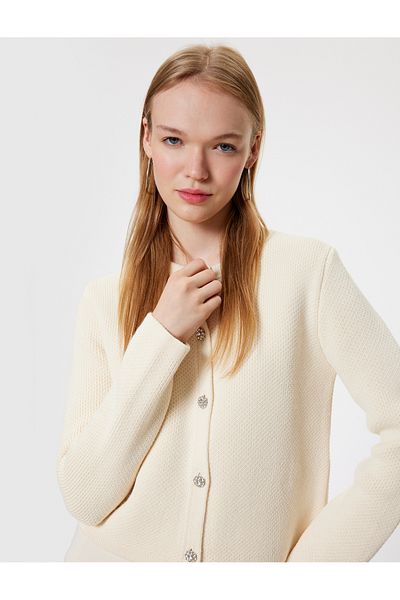 Koton Knitwear Cardigan Crew Neck Stone Button Detailed Long Sleeve