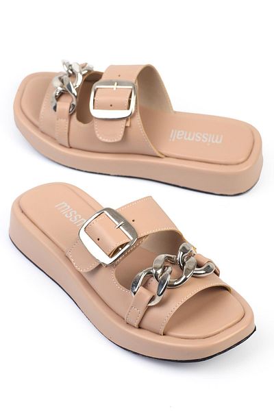 ShoeTek Papuci de damă din piele nudă - cu bandă dublă și lanț