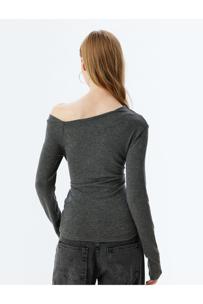 Koton Long Sleeve DrAped Slim Fit Blouse - BoAt Neck, Off the Shoulder