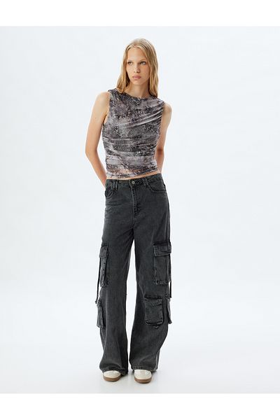 Koton Slim Fit Sleeveless Top - Draped and Tulle Abstract Pattern