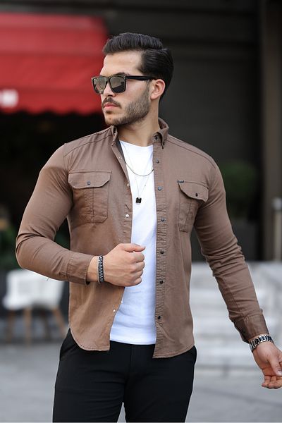 Mero Life Ανδρικό τζιν πουκάμισο σε καφέ λεπτή εφαρμογή