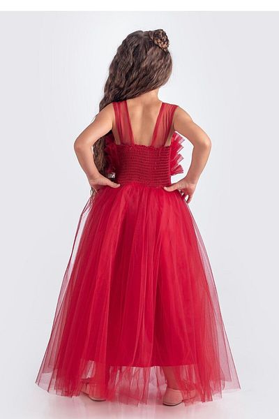 ABİYEKİDS Red Children's Evening Dress with Chest Ruffle and Waist Sequin Detail, Aby176