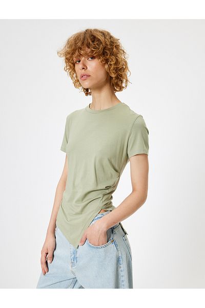 Koton Short Sleeve T-Shirt Crew Neck Slit Detail Asymmetrical Cutout