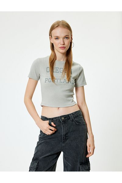 Koton Crew Neck Cotton Crop T-Shirt - Slogan Printed, Short Sleeve