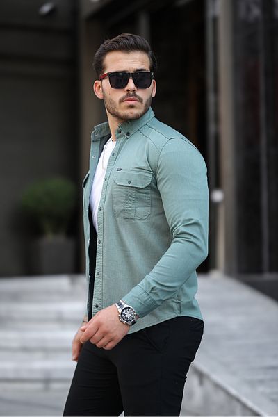 Mero Life Ανδρικό τζιν πουκάμισο με πράσινη λεπτή εφαρμογή
