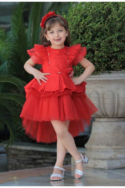 MİSS RAİN Sleeves Balloon Ruffle Vatka Look Skirt Layered Asymmetric Cut Red Girl's Gown Dress
