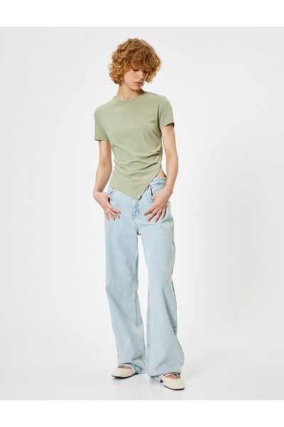 Koton Short Sleeve T-Shirt Crew Neck Slit Detail Asymmetrical Cutout