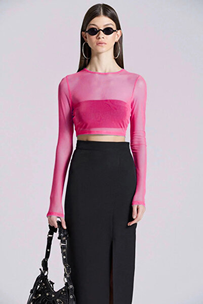 World Fashion Trends WFT2476 Uzun Kollu Fuşya Tül Bluz