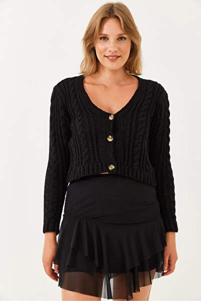 Bianco Lucci Women's V-Neck Hair Braided Knitwear Cardigan 20246853