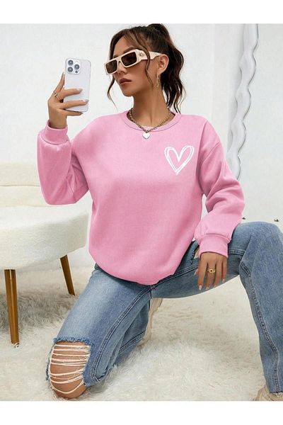 CAST COLLECTİON Women's Pink Striped Heart Printed Crew Neck Oversize Sweatshirt