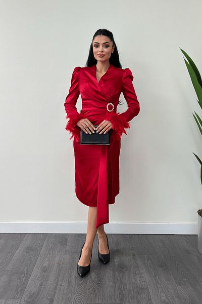 giyimmasalı Red Satin Pencil Dress - Otriş Detailed