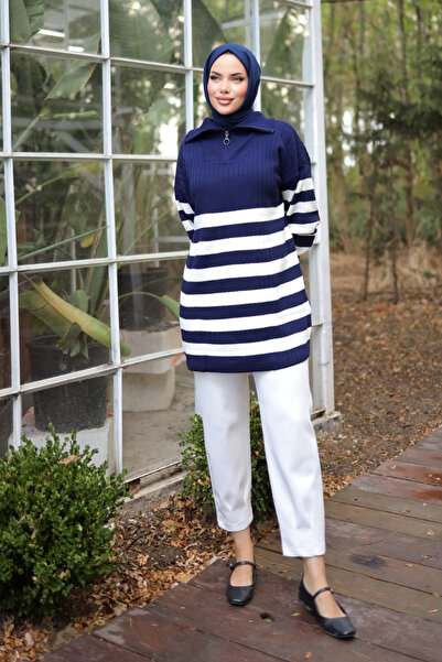 MODAQU Balıkçı Yaka Fermuarlı Triko Tunik - Lacivert