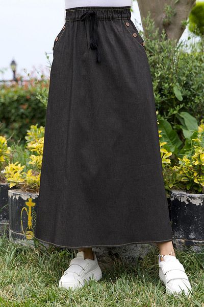 hafsamina Buttoned Denim Skirt with Elastic Waist Pockets Anthracite