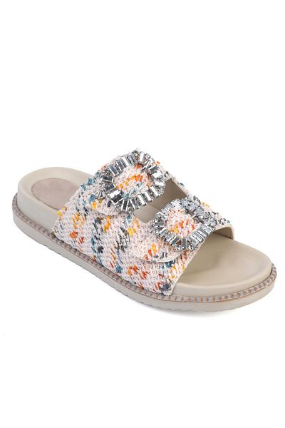 ShoeTek Γυναικείες παντόφλες Vivian - Μπεζ άχυρο με διπλά λουράκια, αγκράφες και πέτρινες λεπτομέρειες