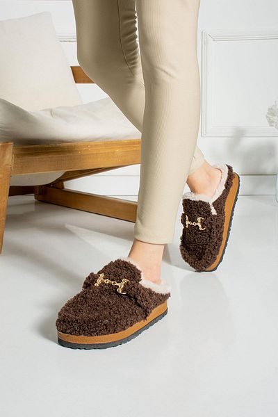 ShoeTek Lamia Women's Slippers with Buckle and Fur Inside Brown
