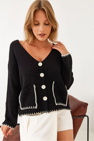 Bianco Lucci Women's Shepherd's Stitching Detailed Large Pocket Four Button Long Sleeve Knitwear Cardigan 20246227