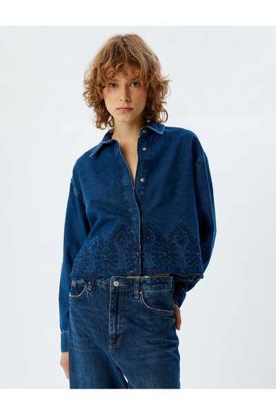 Koton KT - Klasszikus gallérral hímzett farmer ingkabát