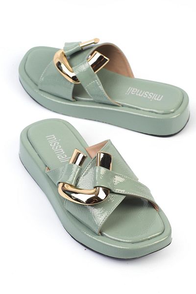 ShoeTek Papuci de damă din piele cu cataramă verde mentă - Reveka