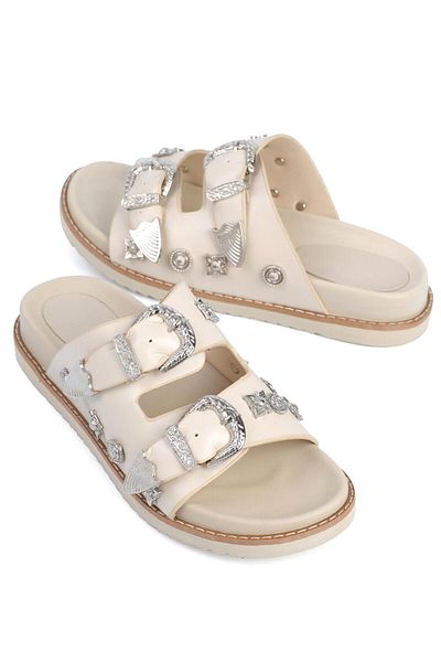 ShoeTek Kacia Beige Leather Women's Slippers - Double Banded and Stone Buckle